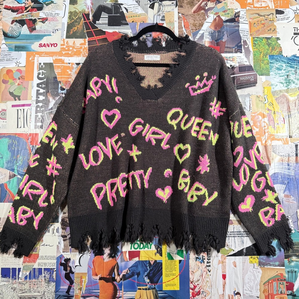 Y2K Full Circle Trends Black‎ Graphic Print Distressed Sweater Size 3X Plus Size